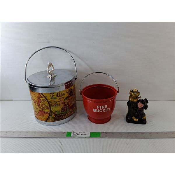 Ceramic Oil Lamp, Ice Bucket 9" & Metal 'Fire Bucket'