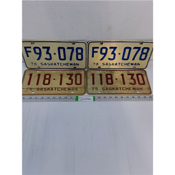 (2) Pairs  of Saskatchewan License Plates -1975 and 1976