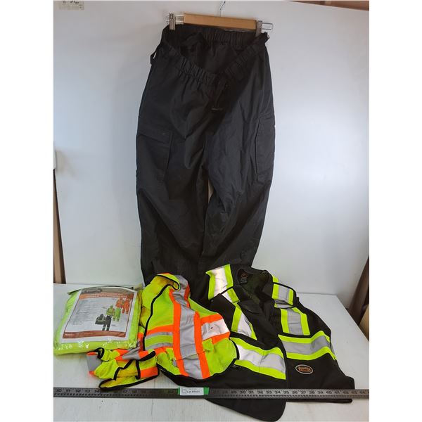 Wetskins Snow Pants- XL, (2) Safety Vets- L, Pioneer Lightweight Waterproof Suit