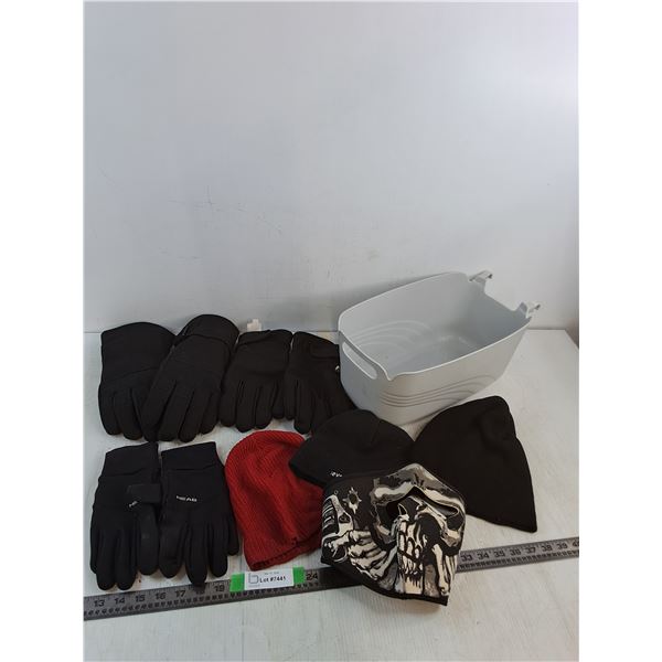 (3) Pairs Of Gloves- XL & Approx S, (3)Toques, Winter Face Mask, Organizer 14.5"x8.5"