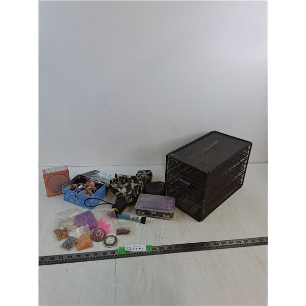 (2) Small Speakers- Power On, Beads, Small Umbrella, Three Drawer Metal Storage Container 12.5"x7"x8