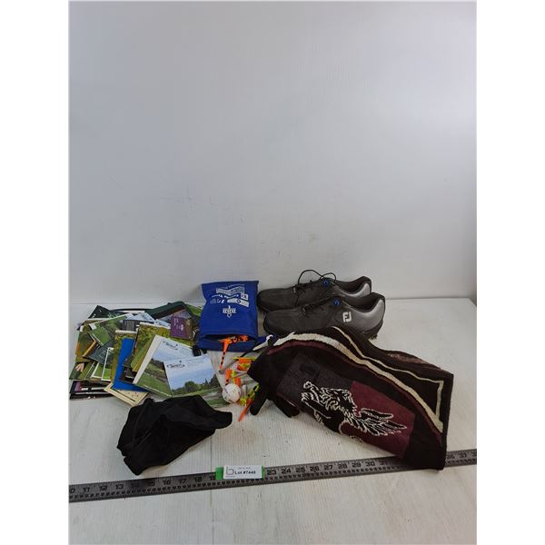 Helix Golf Shoes- 10, Gloves, Golf Tees, Various Golf Course Score Sheets, Hand Towel