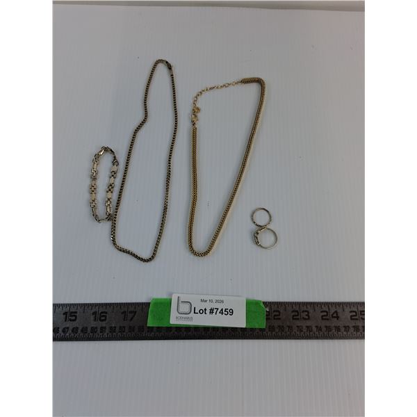 (2) Silver Colored Rings -6.5, 8, (2) Chain Necklaces Gold And Silver Colored, Silver Colored Bracel