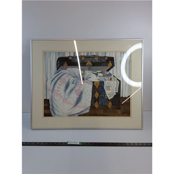 *Framed Picture Showcasing Marilyn Malo's Vintage Blue Trunk Filled With Quilts Approx 30'x12'