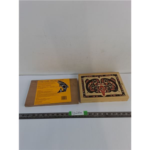 Cedar Plank Grilled Salmon 12'x7 1/4', Wooden Box With Indigenous Artwork 10.5'x7 3/4'