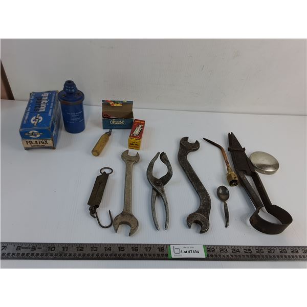 Ignition Coil- 12 Volts, Wrenches, Vintage Weigh Scale- As Is