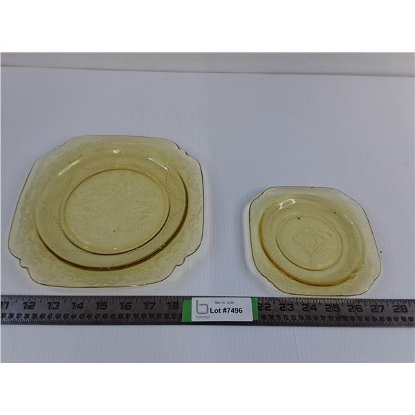 (2) Amber Depression Glass Plates- Up to 9"x 9"