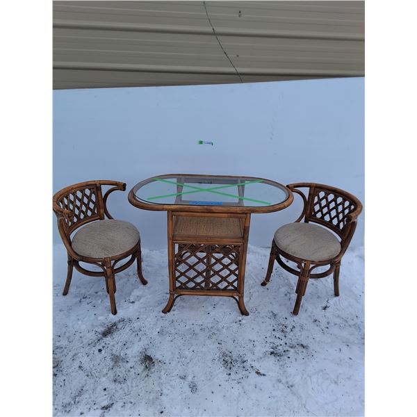 ***Glass Top Bamboo Style Oval Shaped Table w/ (2) Matching Chairs, Cannot Ship