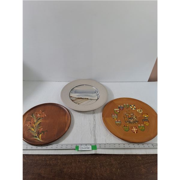 (3) Wooden/ Pottery Round Plate Like Wall Decor Pieces, Largest is 13.5" Diameter