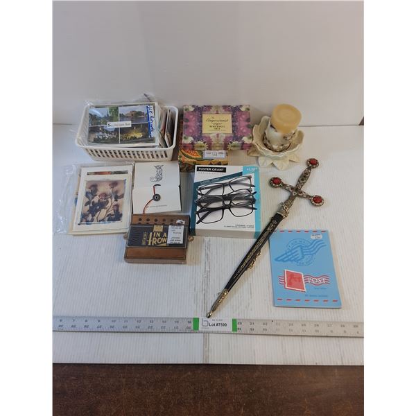Assorted- Stationary,  Postcards,  Game, Replica Sword,  Candle,  Readers
