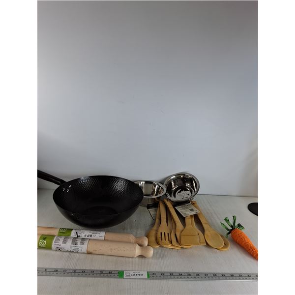 (2) 5 Piece Cooking Utensil Sets, (2) Rolling Pins, Dog Dishes, Deep Frying Pan