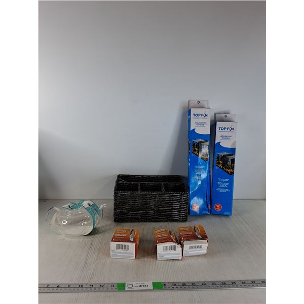 (2) Aquarium Dividers, Wicker Basket, Glass Teapot,(3) Kinesiology Athletic Tapes
