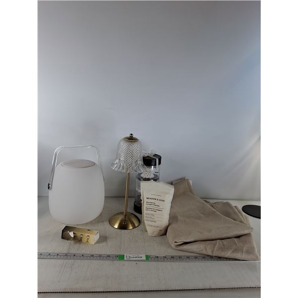 Beige Table Cloth 60"x84", Lamp 15" (powers on), Collagen Peptides, Misc ( cannot ship)