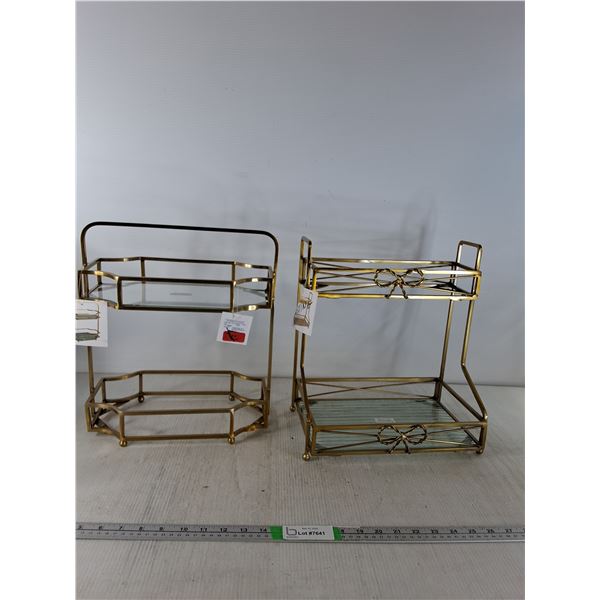 (2) Brass Coloured Vanity Organizers 14"( some Glass bases missing, as is) - PICK UP