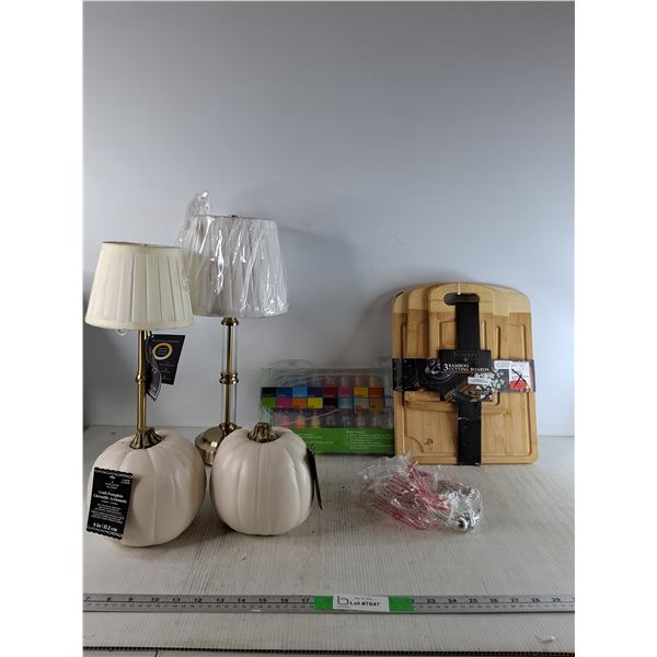 Bamboo Cutting Boards, (2) Lamps ( as is), Decorative Pumpkins, Misc - PICK UP