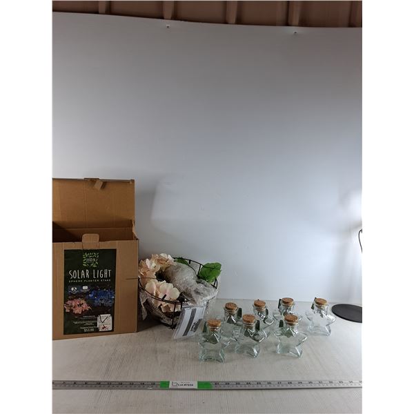 Solar Light  Planter Basjet, (7) Glass Bottle With Corks
