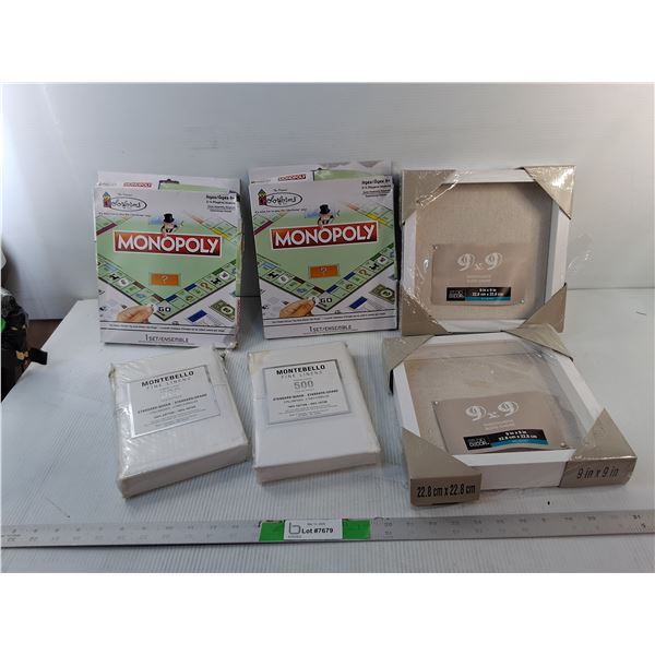 (2) Shadowboxes, Pillowcases, (2) Portable Monopoly Games