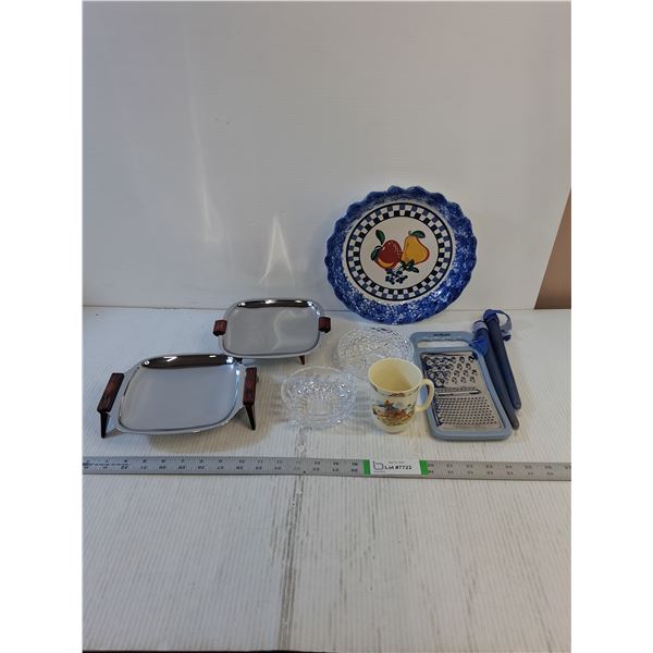 Assorted Kitchen Items- Grader, Mug, Glassware,  Silver Platters
