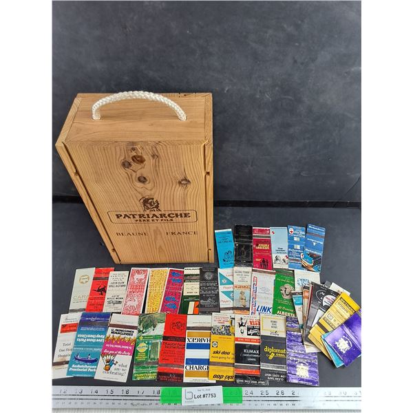 Patriarche Pere Et Fils Wooden Wine Box 13" x 8" x 5", Assorted Vintage Match Book Covers