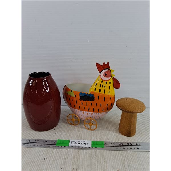 Amano Ceramic Vase, Made in Germany, Pfaltzgraff Tin Rooster Planter, Wooden Pepper Grinder