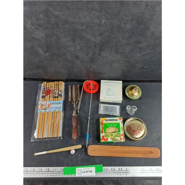 Deluxe Chopsticks, Bernardin Snap Lid, Antique Hair Curler, Activated Charcoal Sachet, Misc