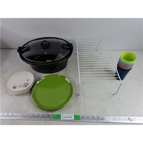 Ceramic Pot w/Lid, Plastic Dining Plates, Saucers & Cups, Wired Plate Rack
