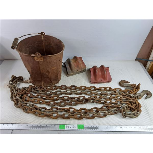 *Metal Bucket, Cargo Brackets 6" x 4", 20' Transport Chain w/ Hooks 3/8"