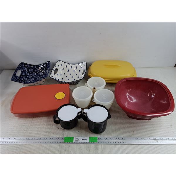 (2) Porcelain Bowls, Tupperware Cream & Sugar Set, Food Containers - PICK UP