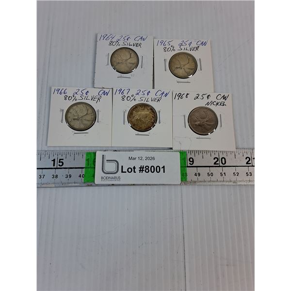 (5) Canadian Quarters-1964-68-80% Silver