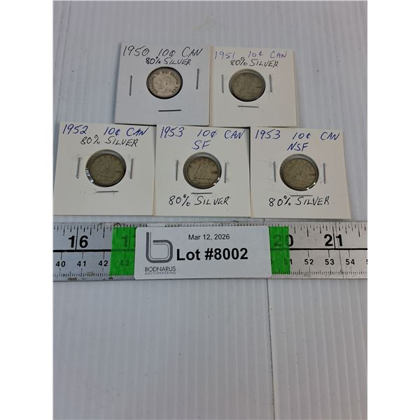 (5) Canadian Dimes- 1950-53-80% Silver