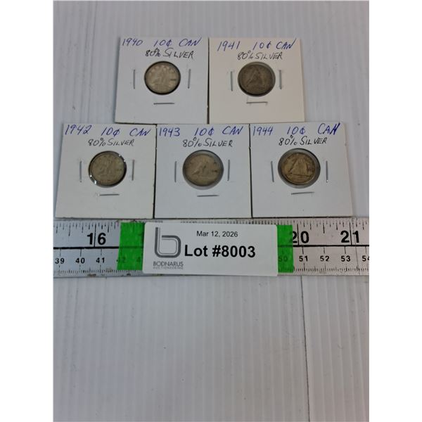 (5) Canadian Dimes-1940-44-80% Silver