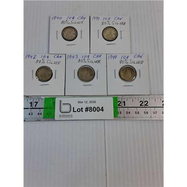 (5) Canadian Dimes-1940-44-80% Silver