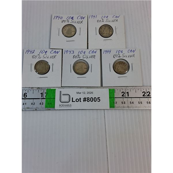 (5) Canadian Dimes-1940-44-80% Silver