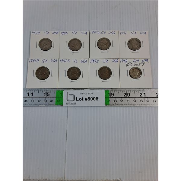 (7) U.S. Nickels 1939-42, (1) U.S. Dime 1942-90% Silver
