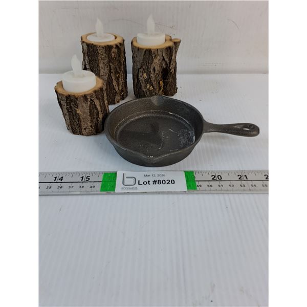 (3) Tea Light Holders and (1) Mini Cast Iron Frying Pan-4"