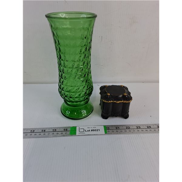 Vintage Green Pressed Glass Vase and Trinket Box