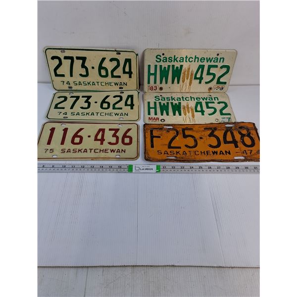 (6) Saskatchewan License Plates1947,1974(pair),1975 (2)1983 Tag