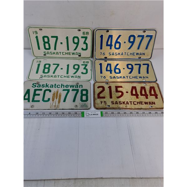 (6) Saskatchewan Plates-1968 (Pair),1976 (Pair) 1975,Current Style