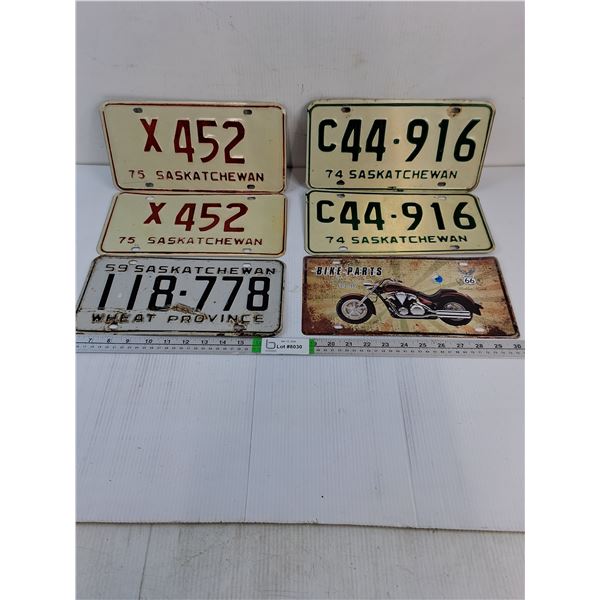 (2) Pairs of Saskatchewan License Plates-1974,1975,1959 and Bike Parts Decor Plate