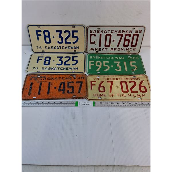 (6) Saskatchewan License Plates1958,63,69,73 and pair of 1976