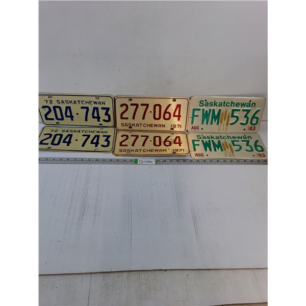 (3) Pairs of Saskatchewan License Plates-1971,72 and 1983 Sticker
