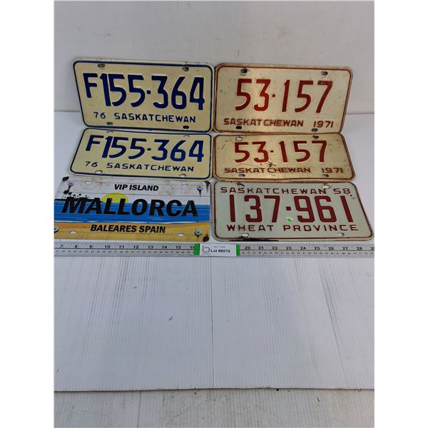 (2) Pairs of Saskatchewan License Plates-1971 and 1976,Single 1958 Sask. and Mallorca Decor Plate