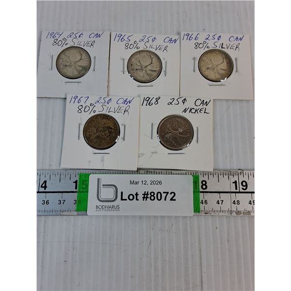 (5) Canadian Quarters-1964-68-some marked 80& Silver