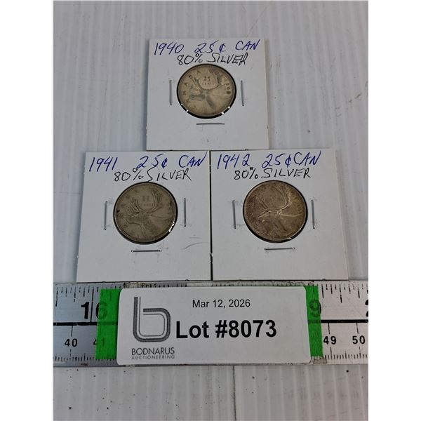 (3) Canadian Quarters-1940-42-80% Silver
