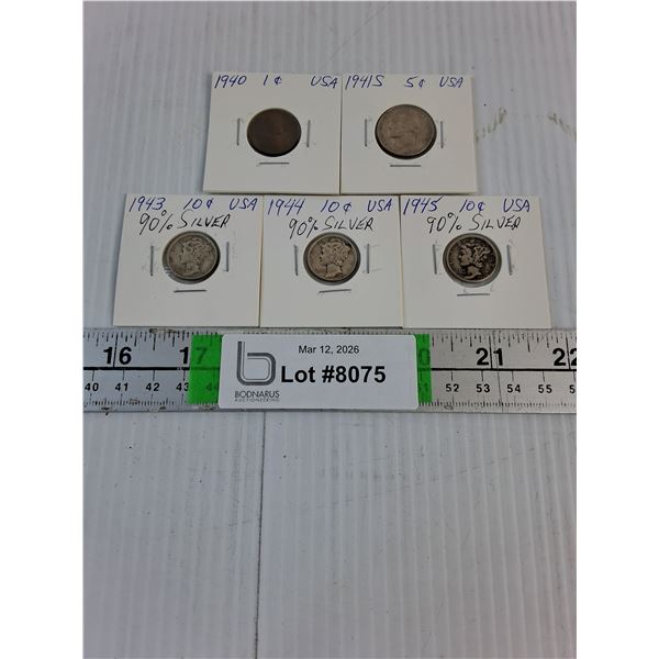 (3) U.S. Dimes-90% Silver,(1) Nickel-1941 and 1940 Penny