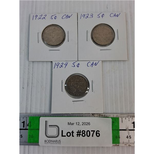 (3) Canadian Nickels 1922-24