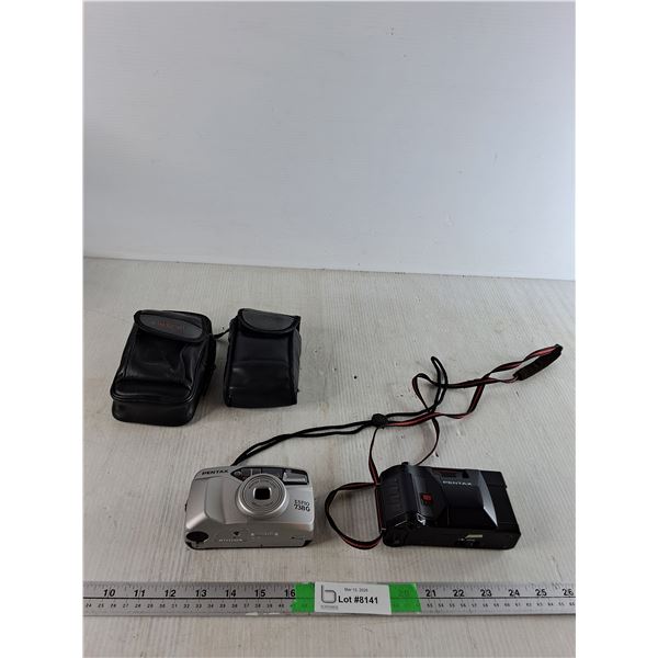 (2) Cameras; Pentax, (2) Camera Bags ; Black,  Image ( all as is)