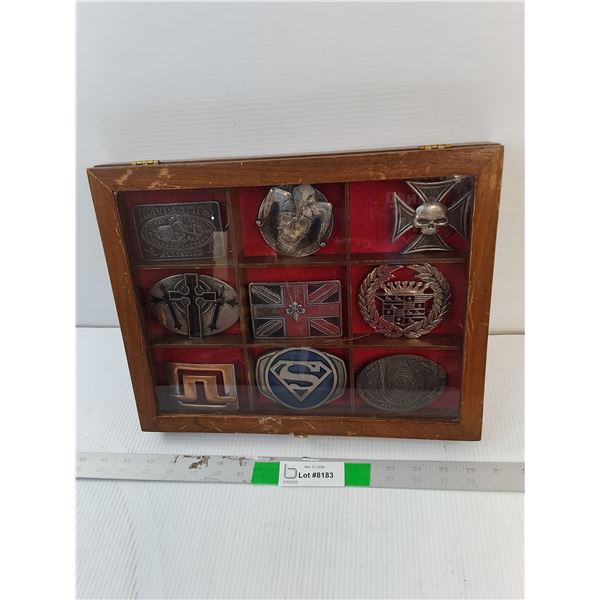 Wooden Display Shelf 14" x 11" & (9) Belt Buckles- Superman, Labatt's, Misc.