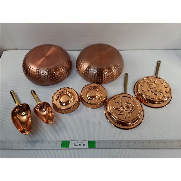 Copper Kitchen Lot- Bowls, Frying Pans, Scoops, Misc.