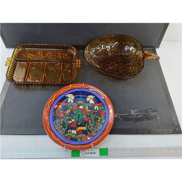 Amber Glass Bowl & Tray and Decorative Clay Plate - PICK UP
